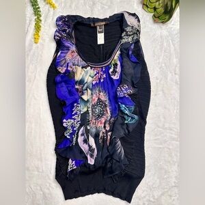 Roberto Cavalli Floral Ruffle Leaf Floral Print Sleeveless Silk Blouse IT44/US8